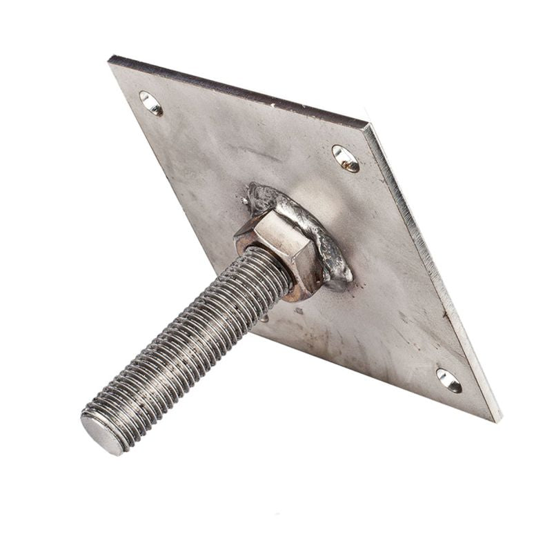 Hoogteverstelling standaard RVS M16 met gelaste moer op plaat van 10x10 cm