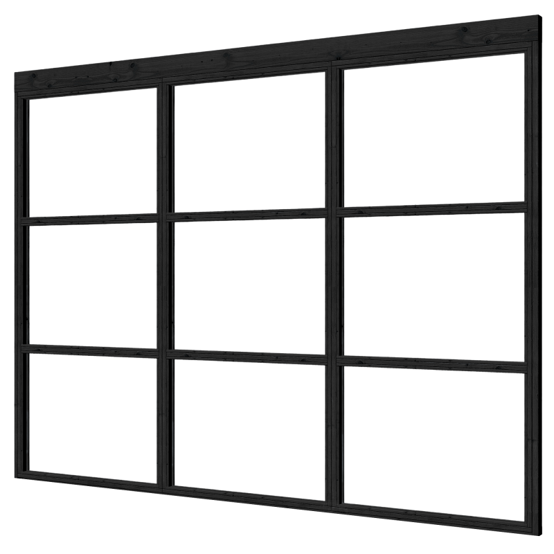 Vuren steellook glaswand 3-delig 3-ruits